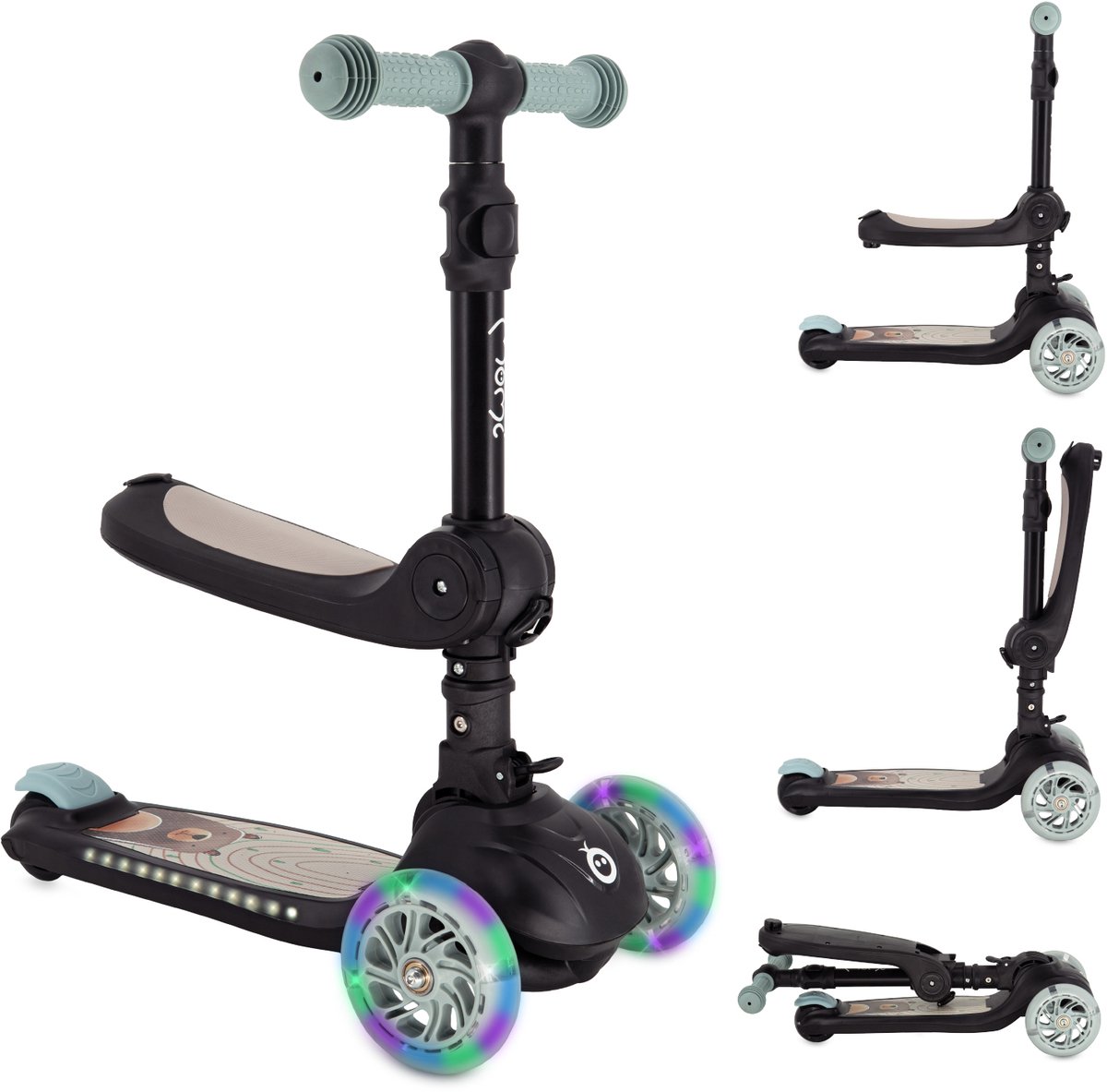 MoMi DEBE - 2-in-1 Kinderstep met Zitje - Opvouwbaar - LED Wielen - Verlicht Deck - Zwart