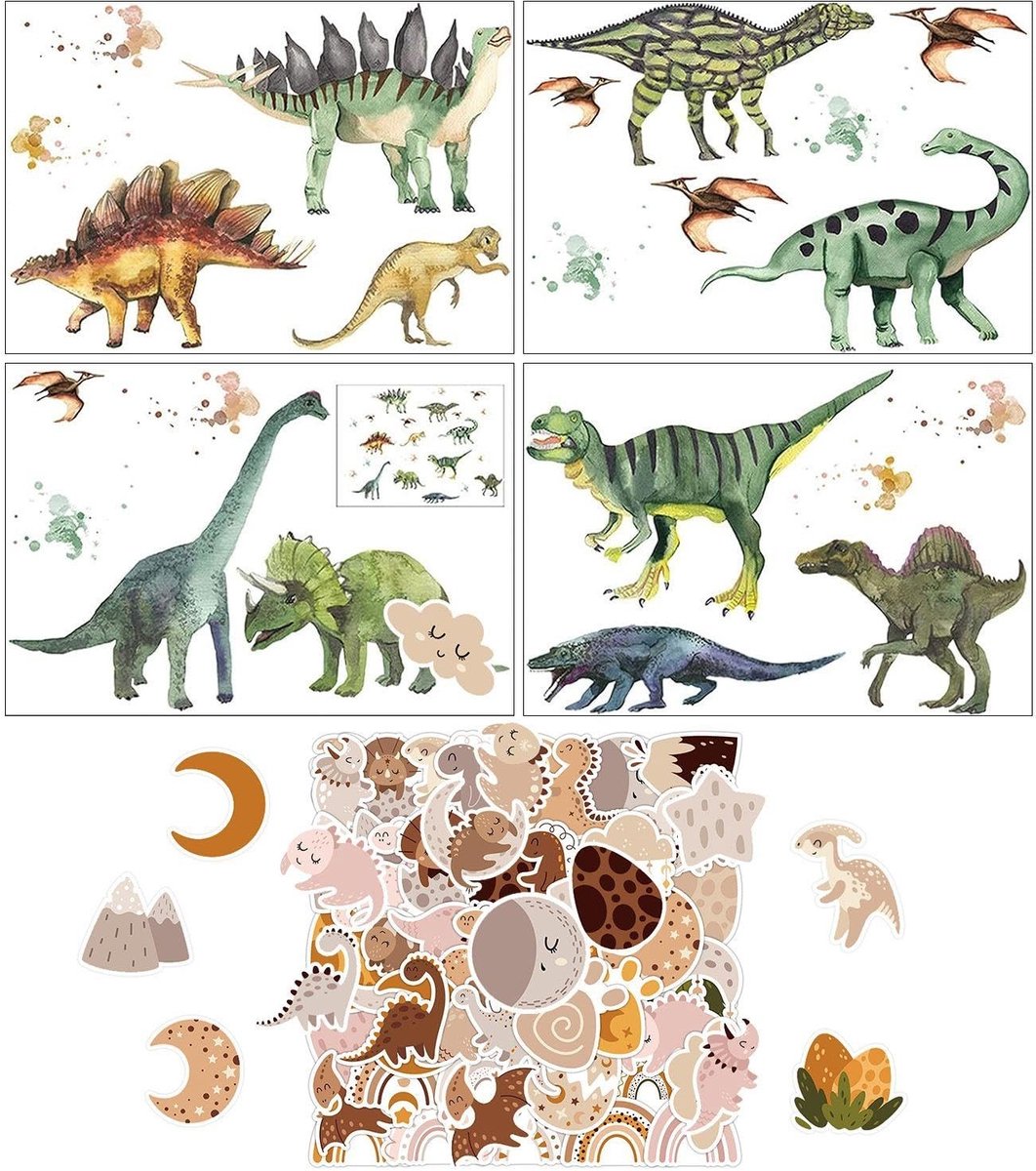 Dailygoods- Muurstickers Dinosaurus - Kinderkamerdecoratie - Zelfklevend - 4 Stuks - 50 Stickers - PVC Materiaal - 25 x 35 cm - Wanddecoratie