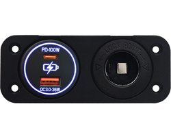 ProRide 12-24V USB/USB C Autolader 2 Poorten Inbouw - 100W+36W QC3.0 - Sigarettenaansteker - Blauw