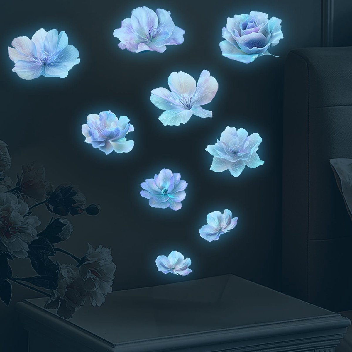 Dailygoods- Muursticker Glow-in-the-Dark - Muurstickers Bloemen - Wanddecoratie Kinderkamer - Wanddecoratie Slaapkamer - Set van 9 - 20 x 20 cm