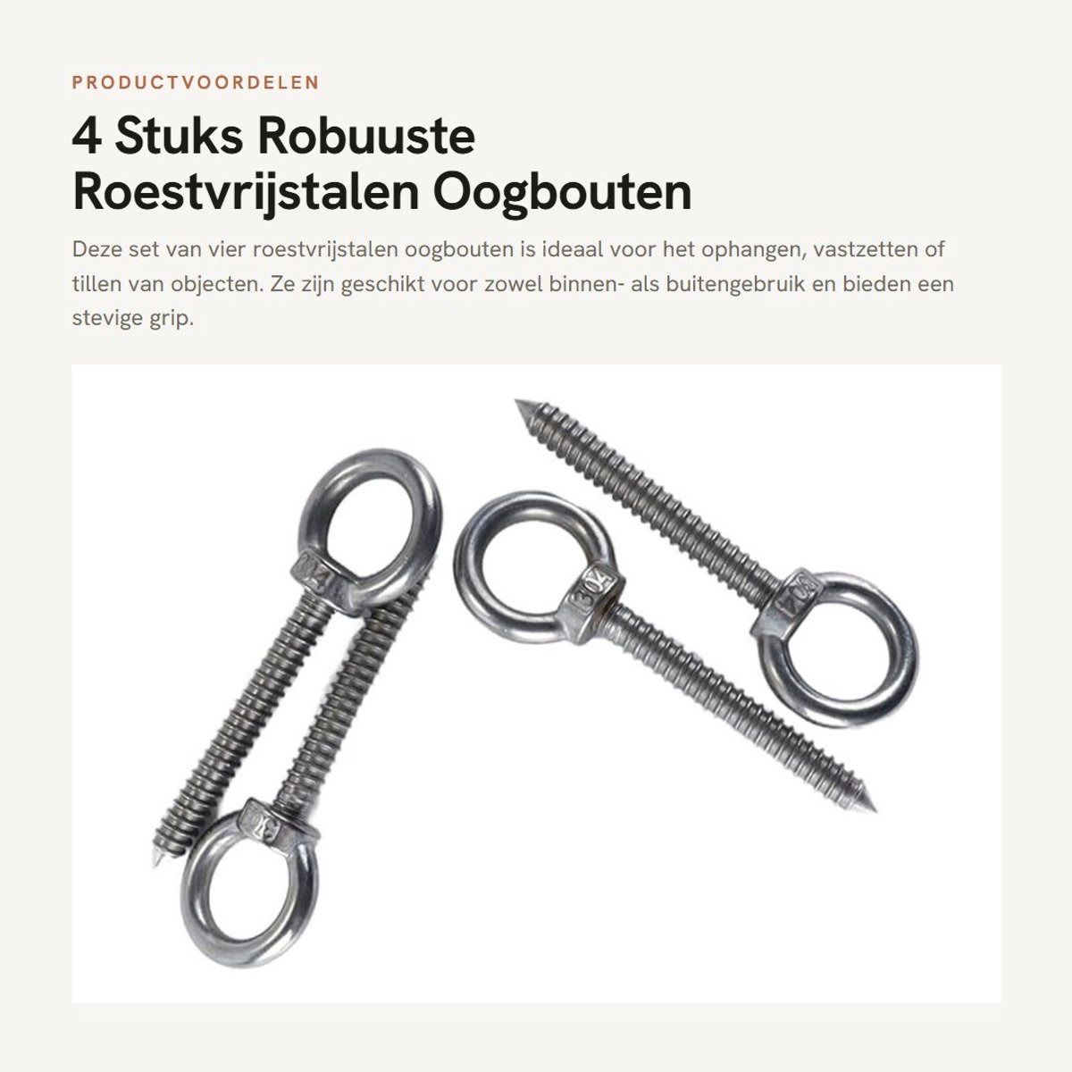 Dailygoods- Oogbouten 4 stuks - Roestvrij Staal - Stevige Ooghaak - Voor Ophangen/Vastzetten - Binnen/Buiten - M10*80 Afmeting - Ooghaken