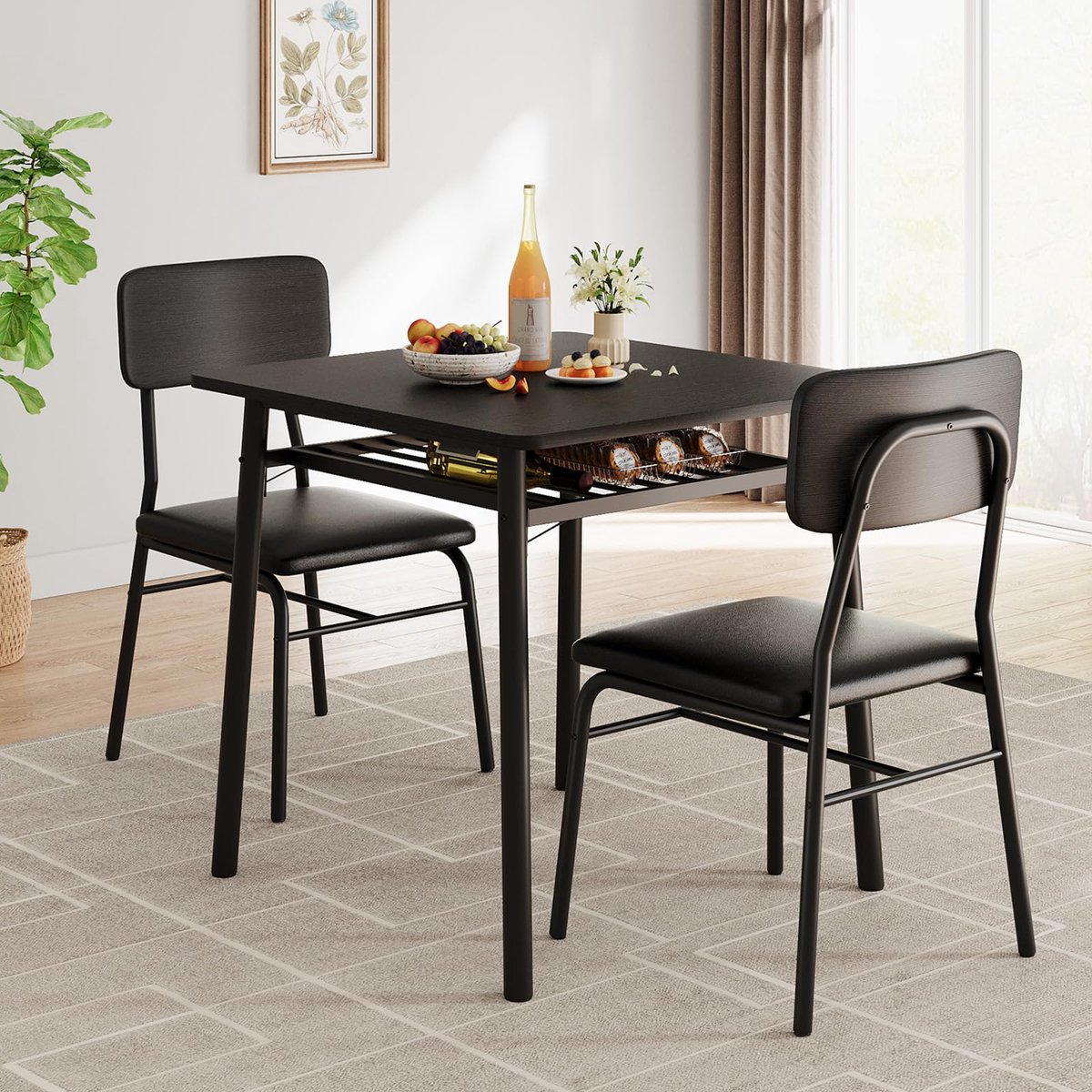 Eettafel Set 3-delig - 70x70x75cm - Keukentafel met Opbergrek - Compact Ruimtebesparend voor 2 Personen - Eettafel voor Kleine Ruimtes Appartement Keuken - Zwart