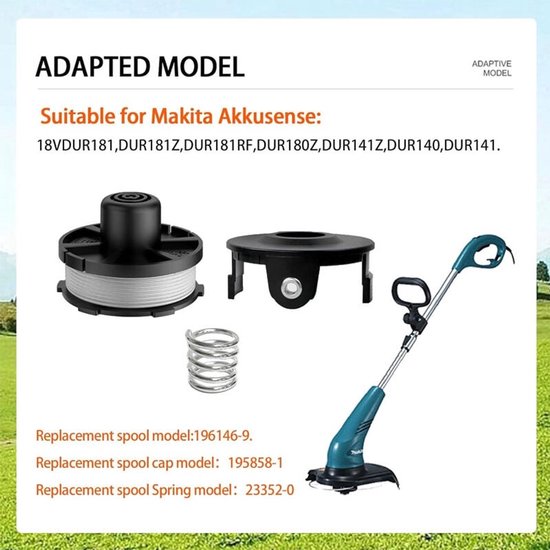 3 stuks vervangende draadspoelen geschikt voor Makita 18V DUR181Z/DUR181RF/DUR181 grastrimmer - geschikt voor Makita 196146-9 - spoeldeksel 195858-1 (3 spoelen + 1 spoeldeksel + 1 veer) van Vermo — afbeelding 5