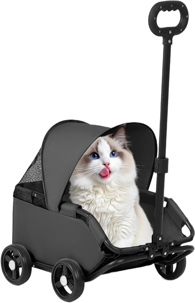 Dierenwagen - Reisbuggy Huisdier - Comfortabel Reizen - Ademend Gaasontwerp - Tot 7 kg - Zwart