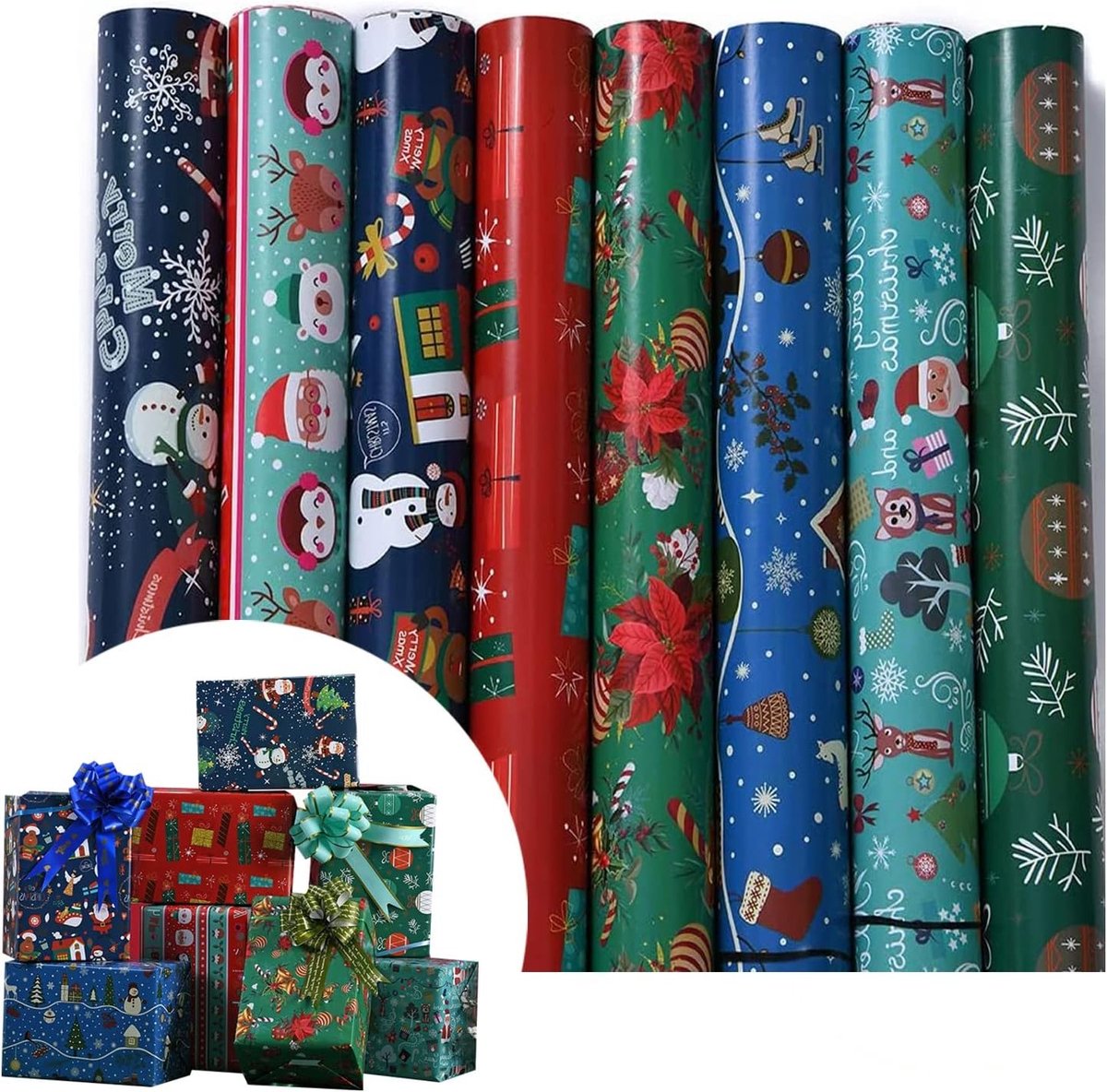 Kerst inpakpapier set van 8 vellen, gerecycled en 70 x 50 cm, perfect voor het inpakken van cadeaus, DIY kerstdecoratie en feestelijke verrassingen