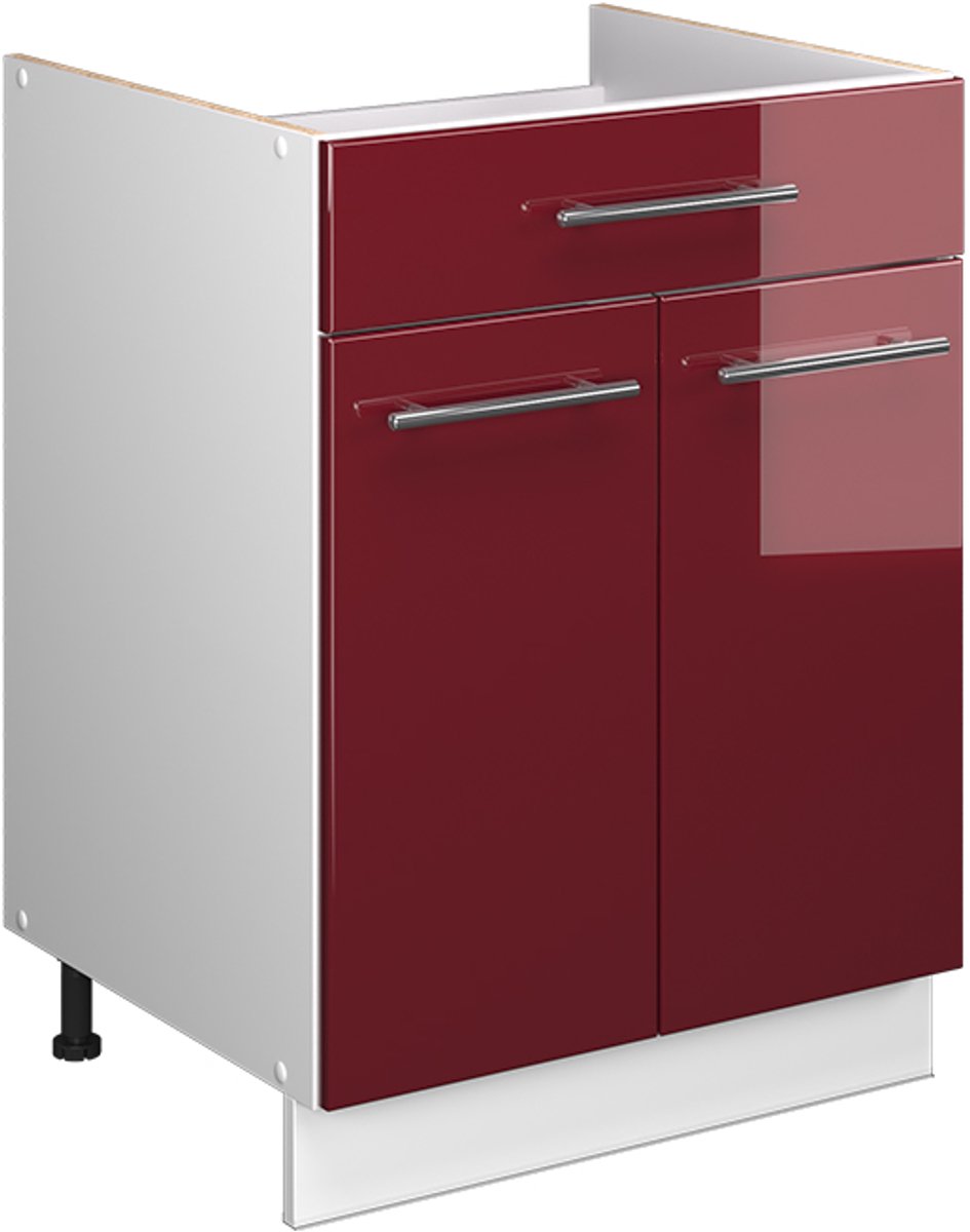Vicco Onderkast voor spoelbak/kookplaat Fame-Line, Bordeauxrode hoogglans/Wit, 60 cm met lade, zonder werkblad