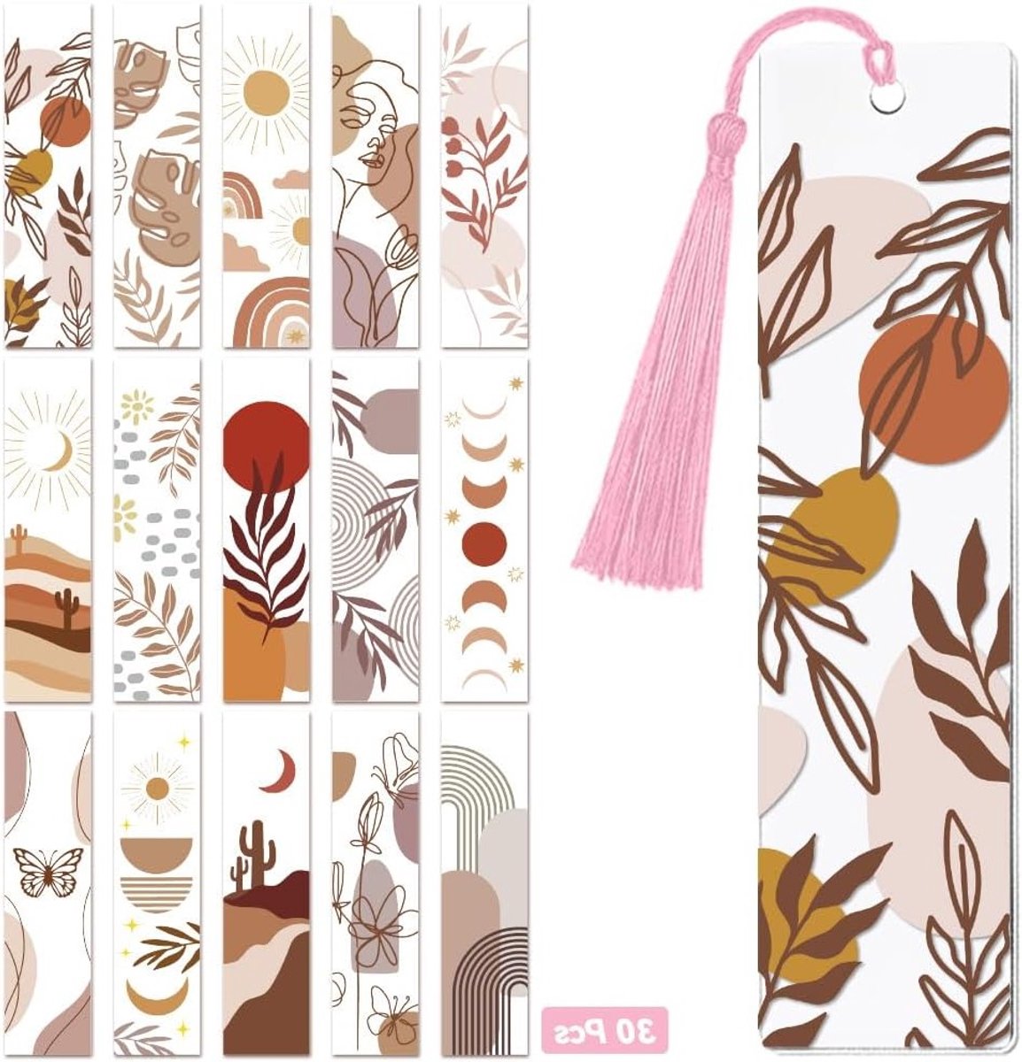 30 Stuks Waterdichte DTF Boekenleggers Stickers in Bohemian Minimalisme voor Lezers, Geschikt voor Acryl, Plastic en Metaal