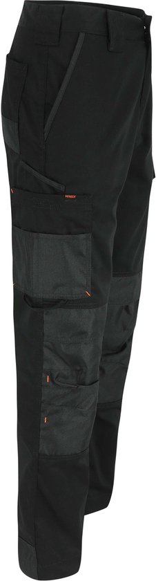 Zwarte Herock werkbroek met grijze zakken en oranje details aan de zijkant.
