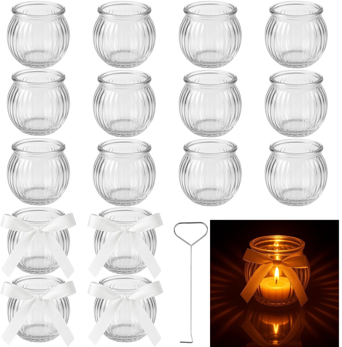 Dailygoods - 16 Stuks Glazen Theelichthouders met Wit Lint - Pompoen Theelichtglazen