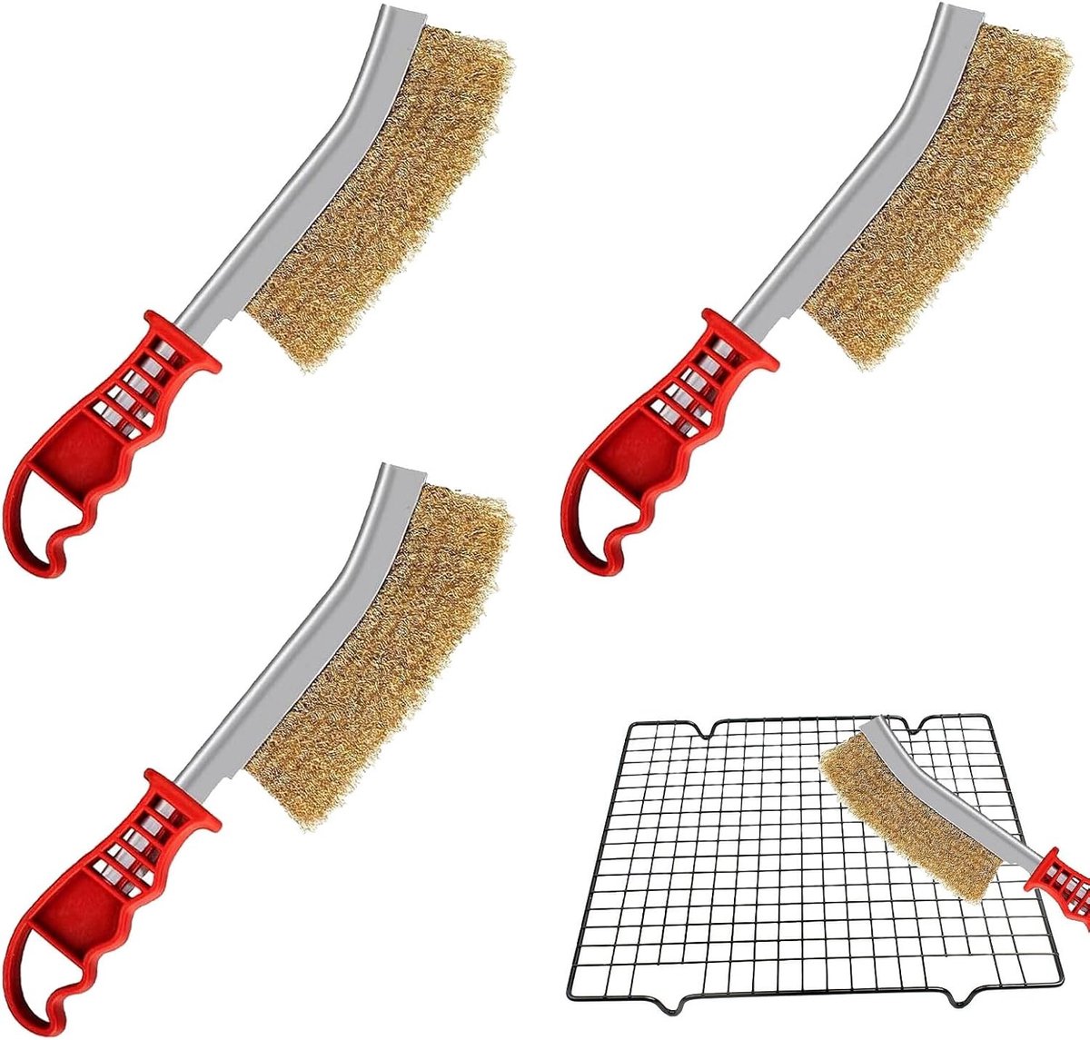 Messing Borstelset voor BBQ - Rood + Geel - 240 mm - Draadborstels voor Reinigen van Grillresten - Voor BBQ-liefhebbers