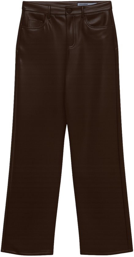 Bruine leren broek met wijde pijpen, op de voorkant te zien.