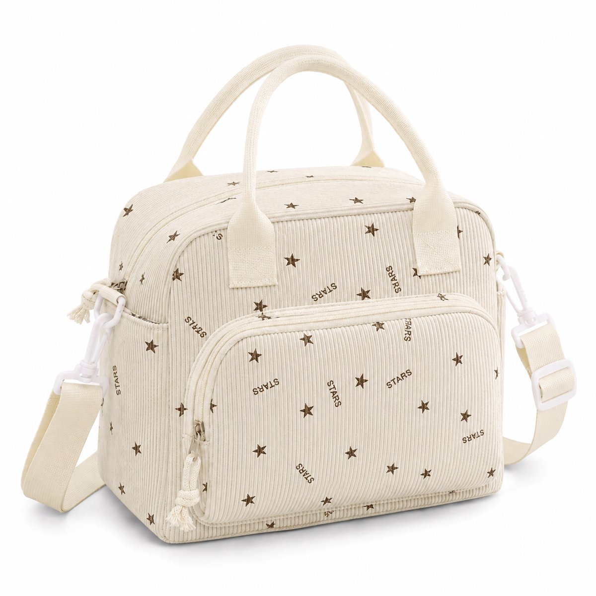 Rainbecom Koeltas Dames 9,5L - Geïsoleerde Lunchtas en Lunch Bag van Corduroy - Thermotas met Schouderband en Opbergvakken - Koeltassen Voor Werk, School en Picknick - Beige Sterren