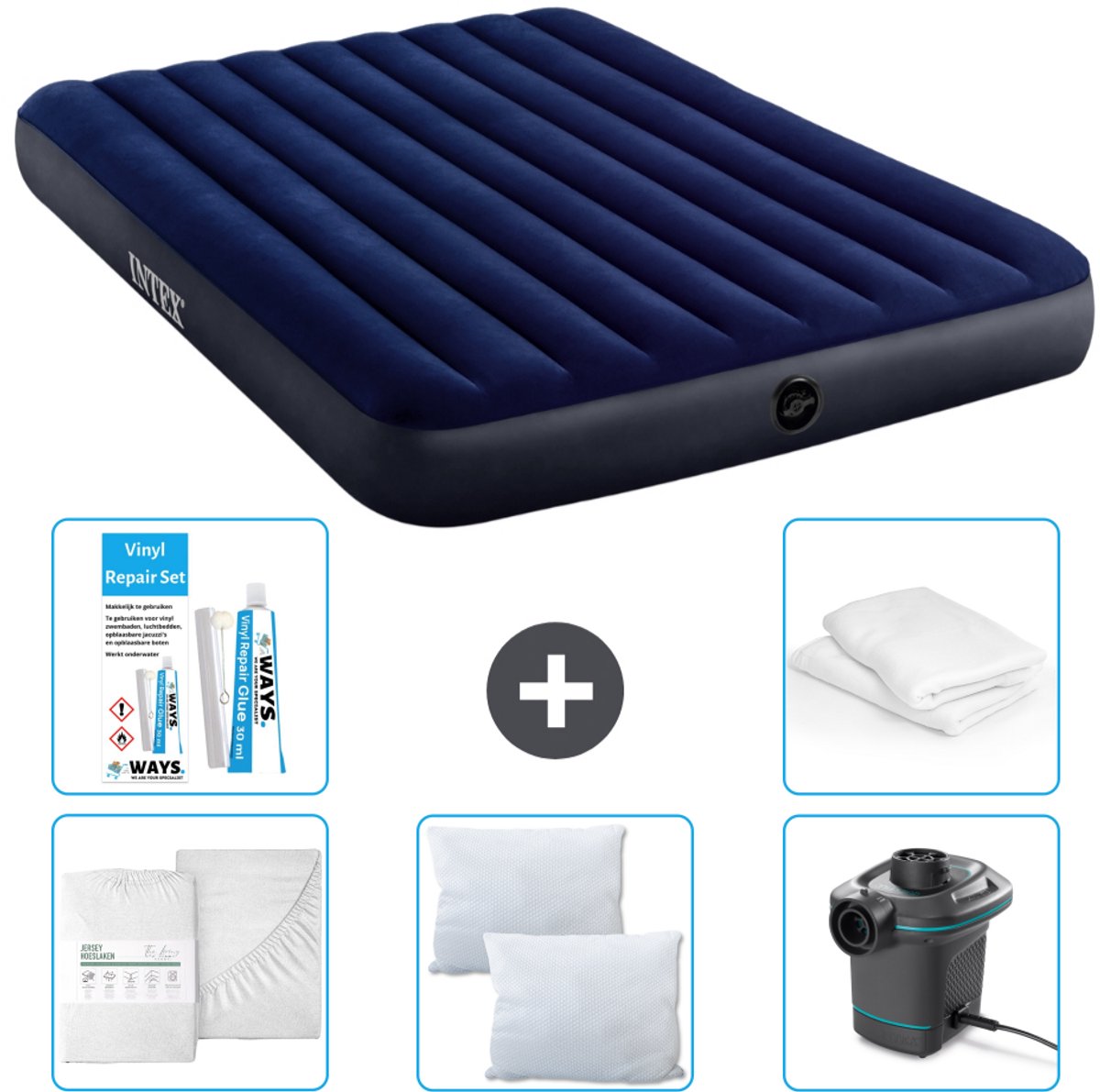 Intex Luchtbed - 2-Persoons - 152 x 203 x 25 cm cm - Blauw - Inclusief Hoeslaken - Kussen - Pomp - Reparatieset en Kussenbeschermer