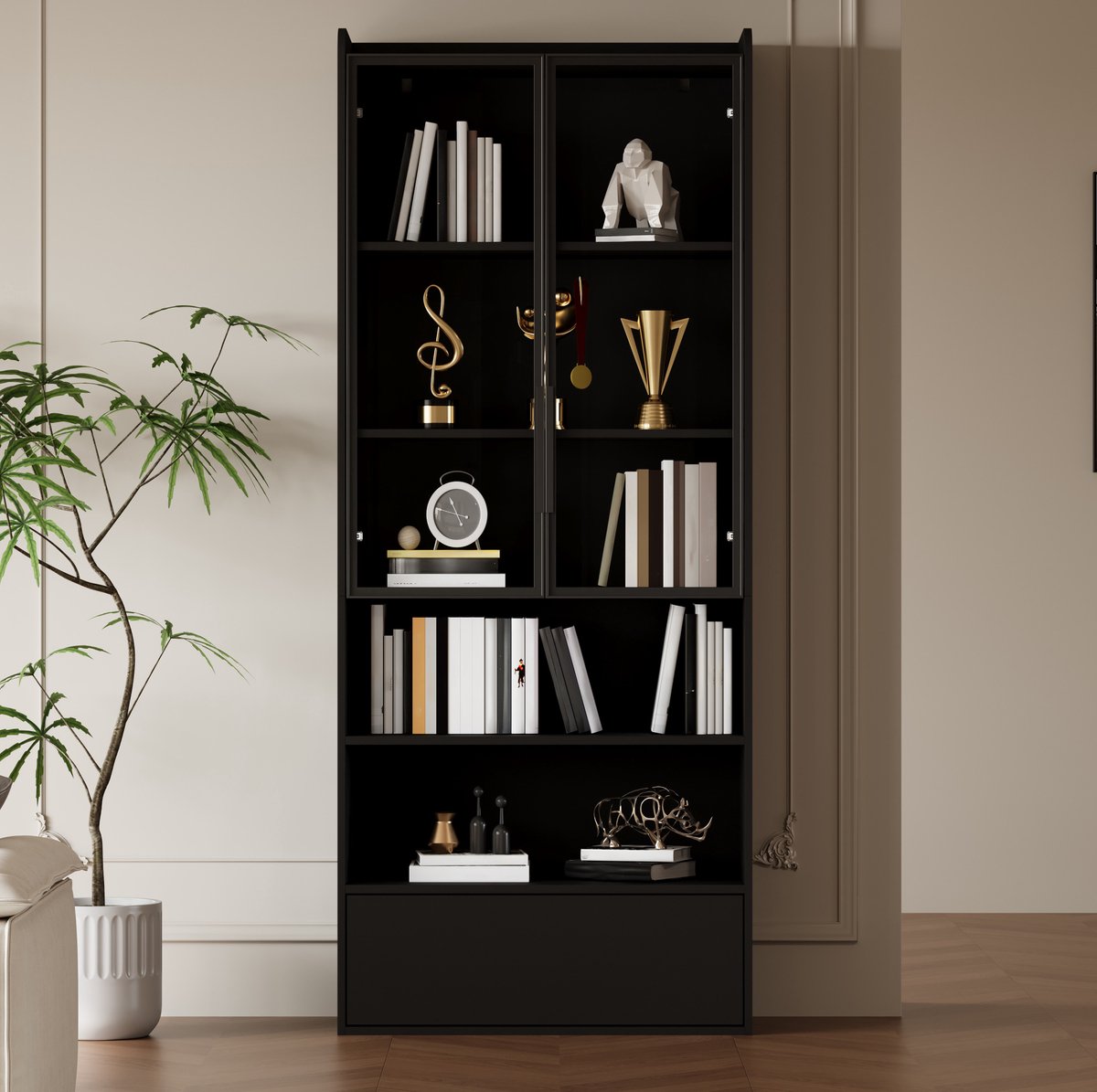 Wishdor Vitrinekast - Hoog model met lade en glazen deuren - LED verlichting via app - Modern design voor woonkamer - MDF en glas - Zwart - 80 x 34 x 180 cm