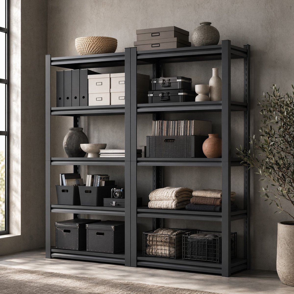 Wishdor Stellingkast 5 niveaus - Zwaar belastbaar metalen opslagrek - Verstelbare planken - Industrieel design - Voor garage, kelder en werkplaats - Zwart - 183 cm
