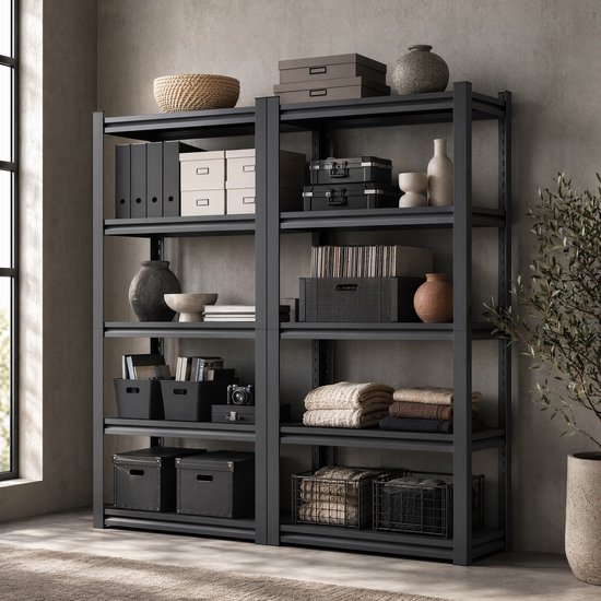 Wishdor Stellingkast 5 niveaus - Zwaar belastbaar metalen opslagrek - Verstelbare planken - Industrieel design - Voor garage, kelder en werkplaats - Zwart - 183 cm — afbeelding 4
