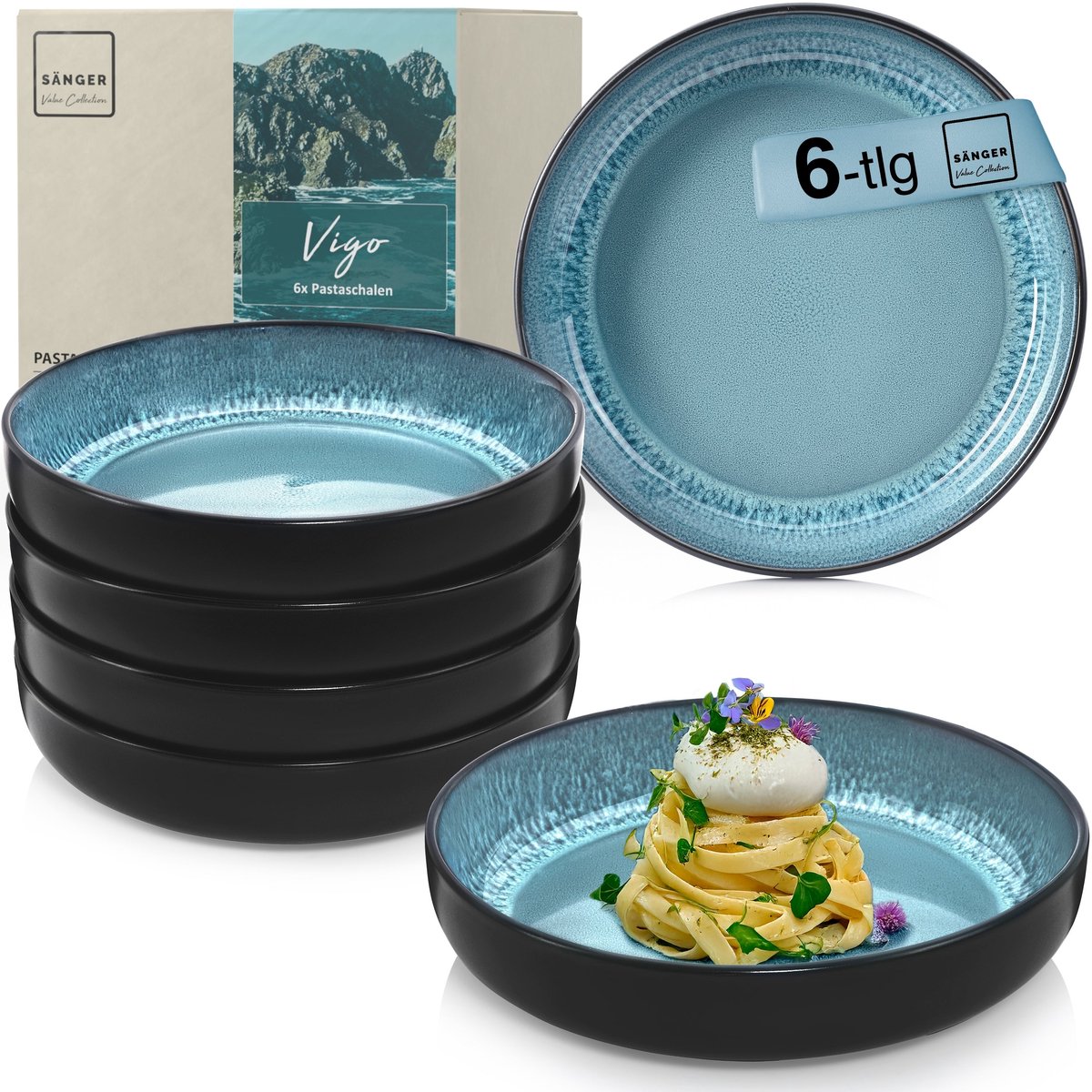 SÄNGER Vigo Pastaschalenset 6-delig - Aardewerk Kommen - 22x4,5 cm - 800 ml Per Kom - Maritiem Design - Krasbestendig - Magnetron- en Vaatwasserbestendig