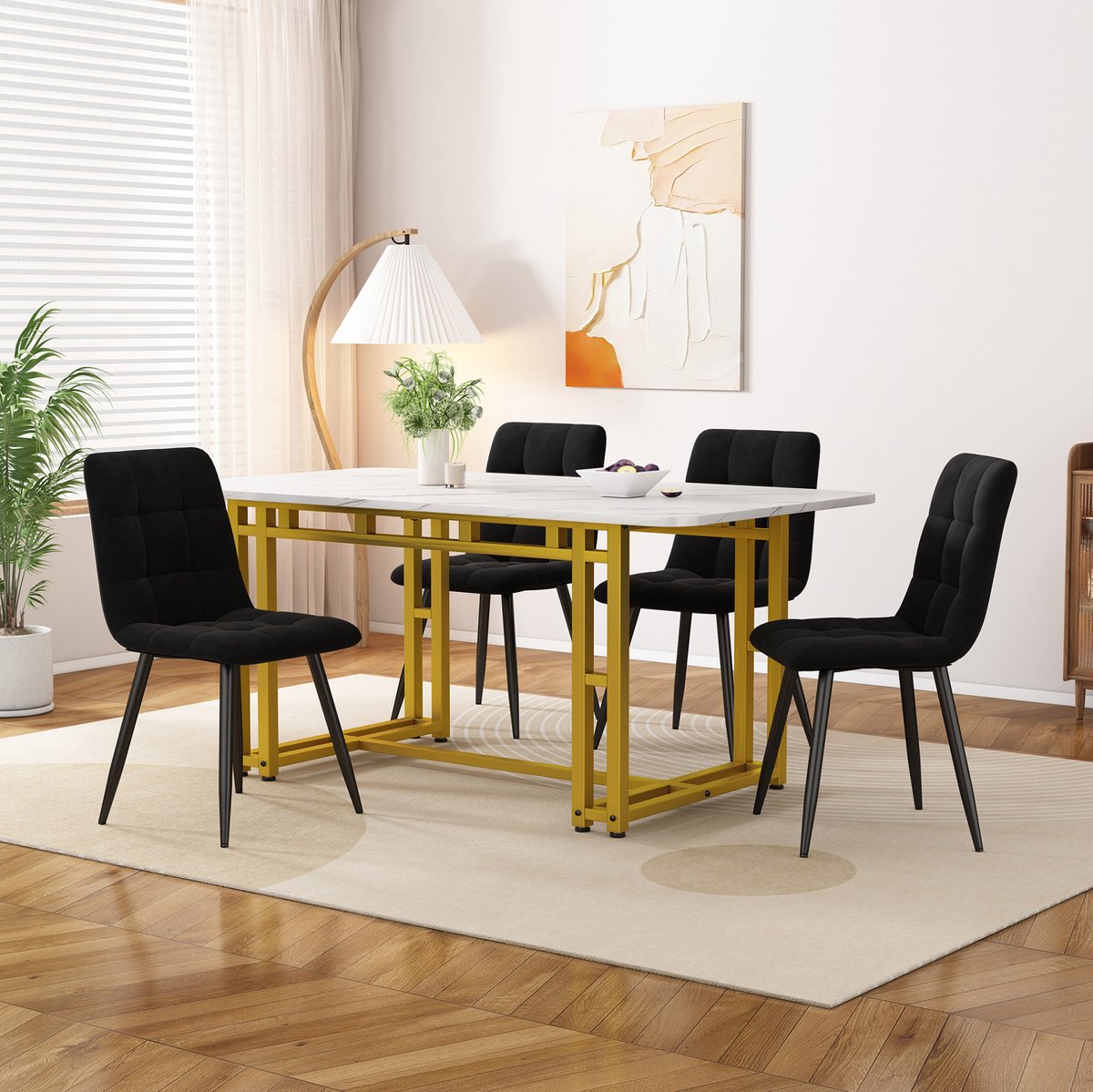 HAUSS SPOLE Eettafelset - Moderne Tafel Met 4 Stoelen - Voor Eetkamer En Keuken - Zwart - MDF En Metaal - 120x70 Cm