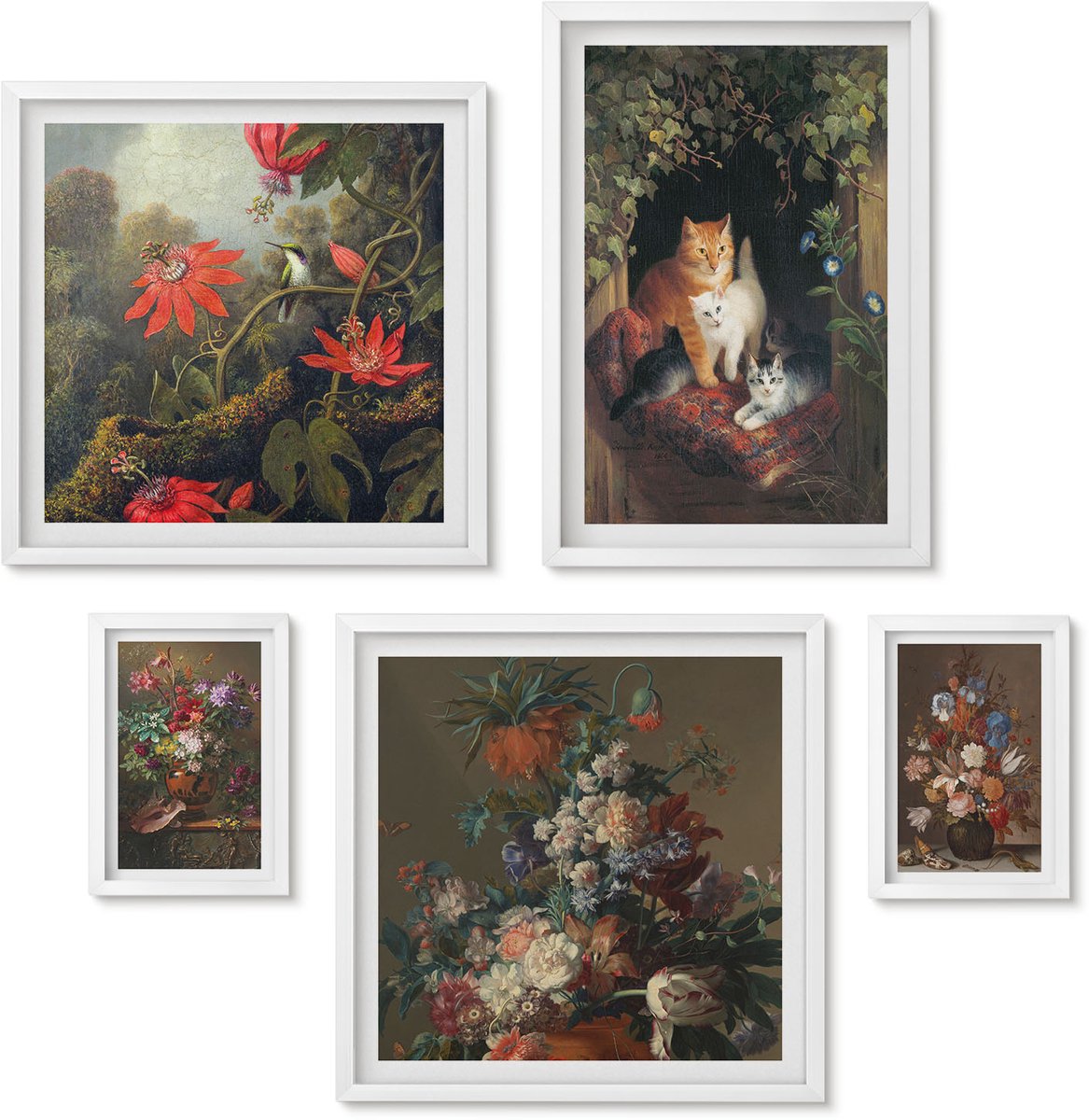 Wallfluent 5-Delige Schilderij Set - Bloemstukken En Schattige Vintage Katten - 50 x 50 cm, 20 x 30 cm En 40 x 60 cm - Decoratieve Schilderijen - Woonkamer - Interieur - Woonkamer Decoratie