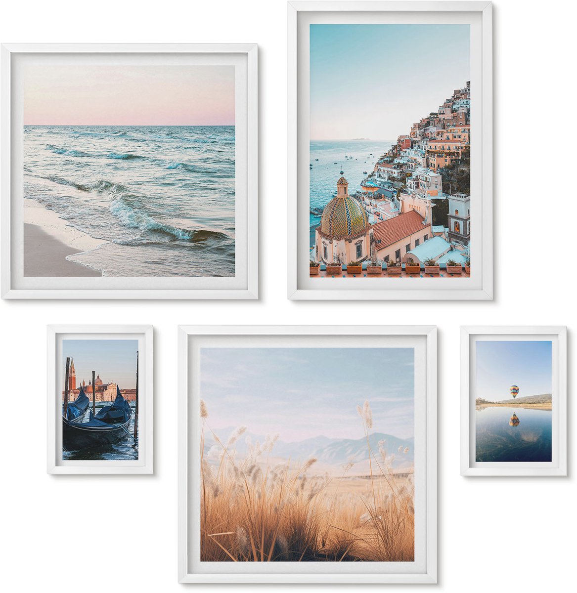 Wallfluent 5-Delige Schilderij Set - Charmante Uitzichten Op Kustplaatsen En Landschappen - 50 x 50 cm, 20 x 30 cm En 40 x 60 cm - Moderne Wanddecoratie - Slaapkamer