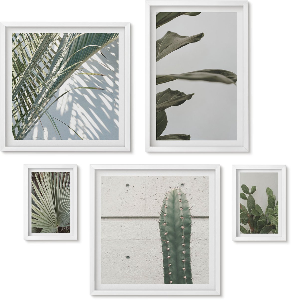 Wallfluent 5-Delige Schilderij Set - Plantenaccenten In Een Moderne Stijl Met Groene Details - 50 x 50 cm, 20 x 30 cm En 40 x 60 cm - Wanddecoratie - Muurdecoratie - Moderne Interieurdecoratie