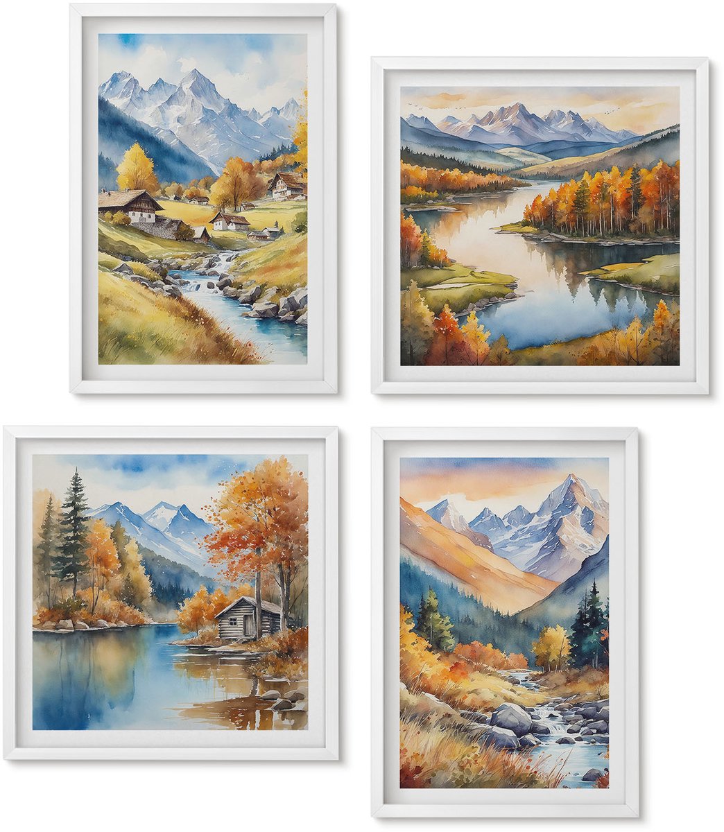 Wallfluent 4-Delige Schilderij Set - Herfstlandschappen In Een Pittoreske Stijl - 40 x 40 En 40 x 60 - Muurdecoratie - Decoratieve Schilderijen - Wohnzimmer