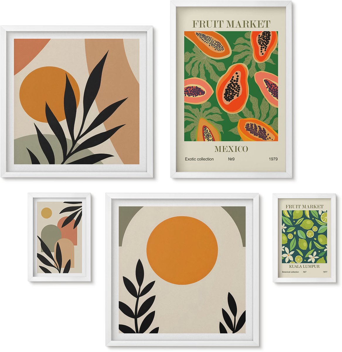 Wallfluent 5-Delige Schilderij Set - Tropische Vruchten In Retrostijl Met Exotische Motieven - 50 x 50 cm, 20 x 30 cm En 40 x 60 cm - Decoratieve Schilderijen - Woonkamer - Interieur - Interieur Decoratie