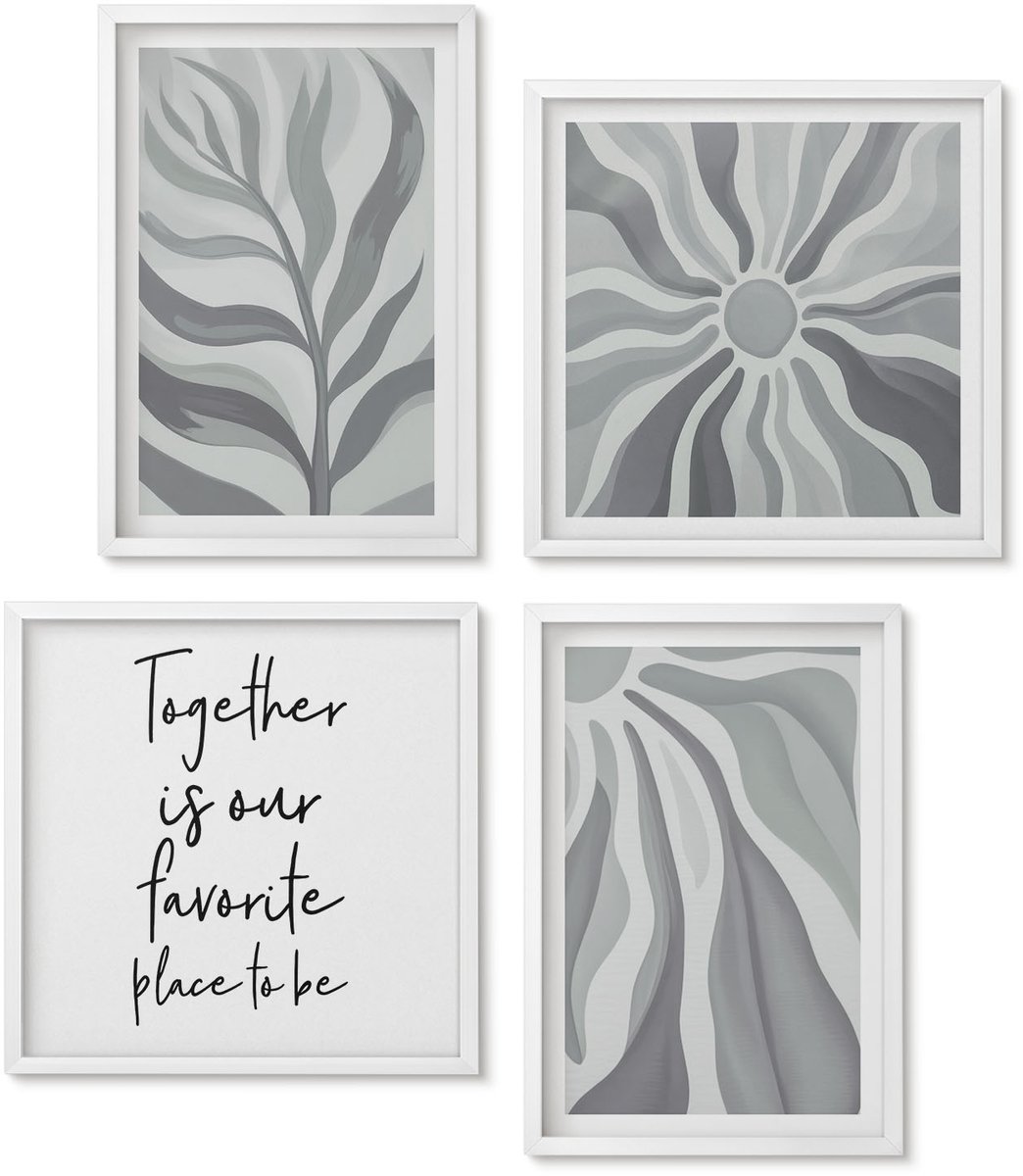 Wallfluent 4-Delige Schilderij Set - Bloemenpatronen In Pasteltinten, Illustraties En Belettering. - 40 x 40 En 40 x 60 - Wanddecoratie - Muurdecoratie - Woonkamer