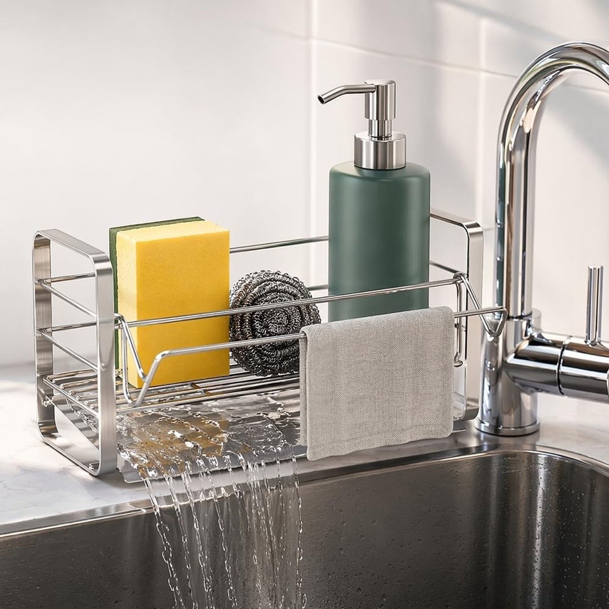 Afwasmiddel-organizer - Zilver - 23,8 x 12 x 8 cm - Roestvrij Staal met Antislip Voetjes - Voor Keuken en Badkamer