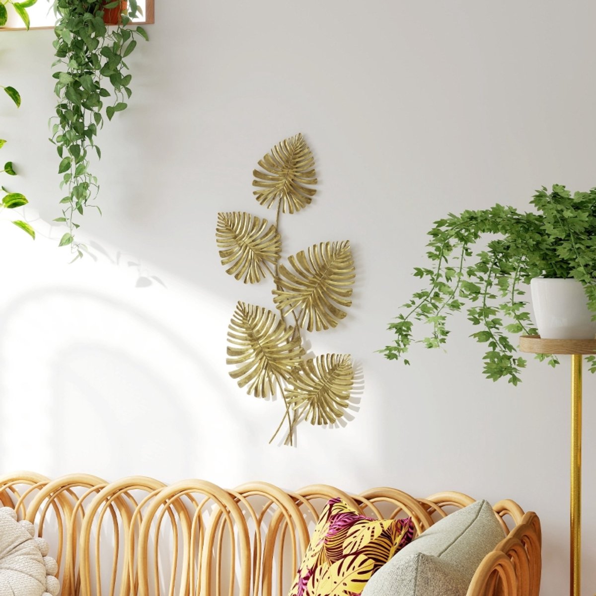 REDOM - Wanddekor-set - Bladvormig metalen wanddecor - Geïntegreerde haken - Gouden afwerking - Voor woonkamer, slaapkamer, eetkamer en hal - Metaal - Goud - 83 x 39 cm