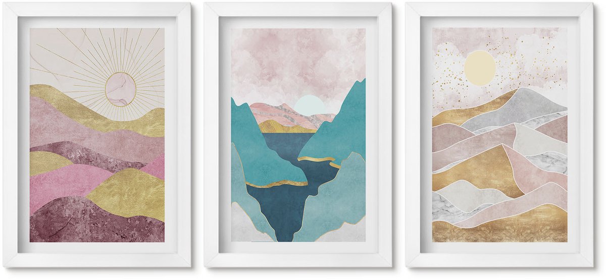 Wallfluent 3-Delige Schilderij Set - Abstracte Landschappen Met Bergen En Zon - 20 x 30 - Stijlvolle Wanddecoratie - Interieur - Interieur Decoratie
