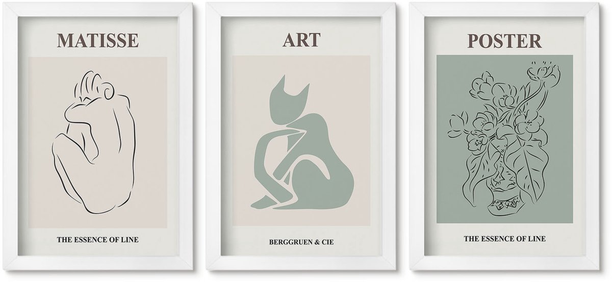 Wallfluent 3-Delige Schilderij Set - Posters In Beige- En Groentinten Van Henri Matisse - 20 x 30 - Stijlvolle Muurdecoratie - Slaapkamer - Wanddecoratie