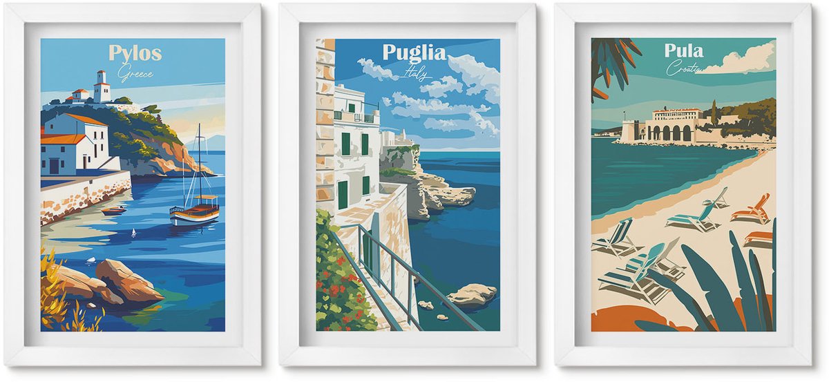 Wallfluent 3-Delige Schilderij Set - Schilderachtige Kustlandschappen Uit Toeristische Landen - 20 x 30 - Wanddecoratie - Moderne Interieurdecoratie - Muurdecoratie