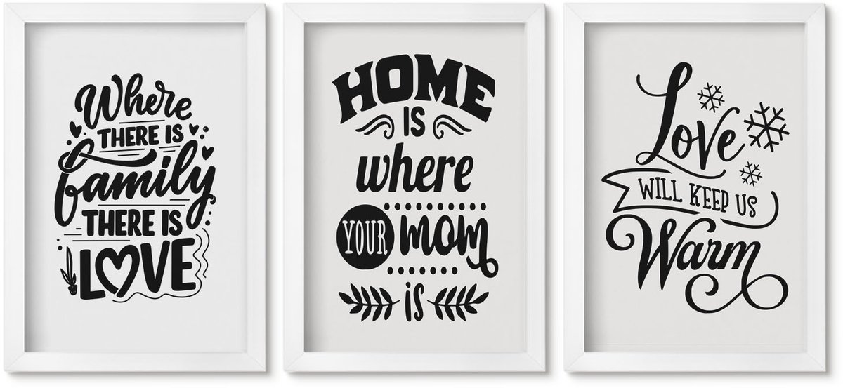 Wallfluent 3-Delige Schilderij Set - Familie, Liefde, Thuis, Warmte In Eenvoudige Slogans - 20 x 30 - Moderne Wanddecoratie - Woonkamer - Decoratieve Schilderijen