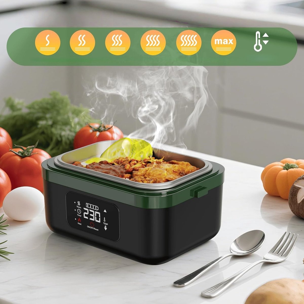 Elektrische Lunchbox - Verwarmde Bento Box - Thermos Lunchbox - 1000 ml - 60W Snel Verwarmend - 6 Temperatuurstanden - Voorverwarmen - ook Powerbank - met Isolatietas - Draagbare Broodtrommel - Voor Kantoor & School & Auto - Zwart en Groen — cadeau in Kookcadeaus - foto 3