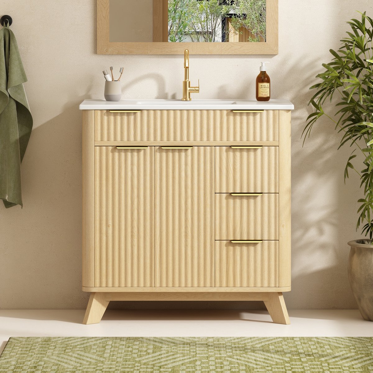 Badkamerkast - 81 Cm Wastafelonderkast Met 3 Lades En Dubbele Deuren - Wellenstructuur Voor Badkamer - MDF En Keramiek - Natuurlijk Houtkleur