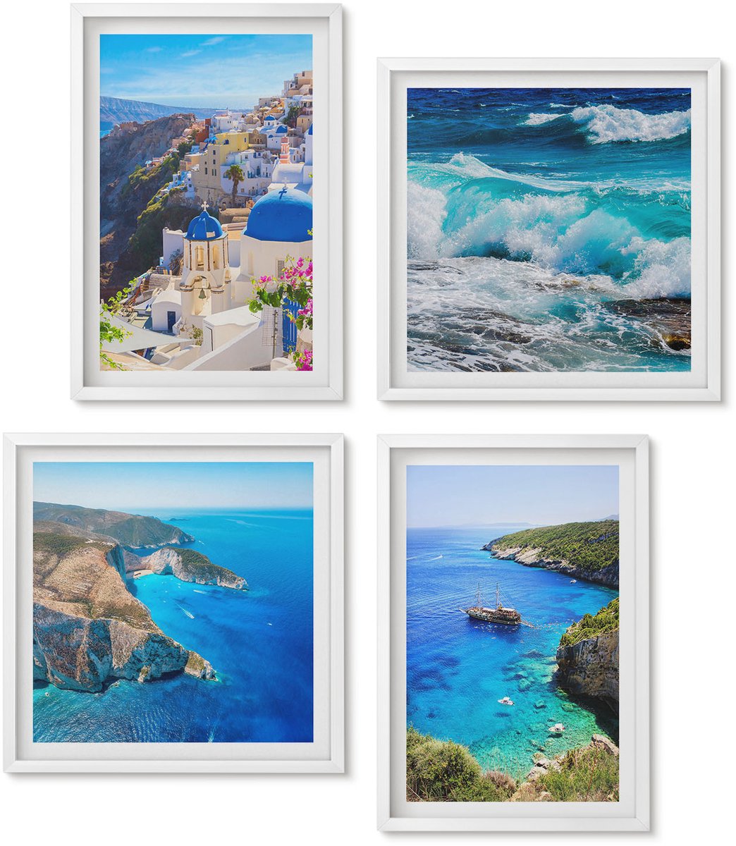 Wallfluent 4-Delige Schilderij Set - Uitzicht Op De Griekse Kust En Het Stadje Oia Op Santorini - 40 x 40 En 40 x 60 - Decoratieve Muurdecoratie - Slaapkamer - Woonkamer Decoratie