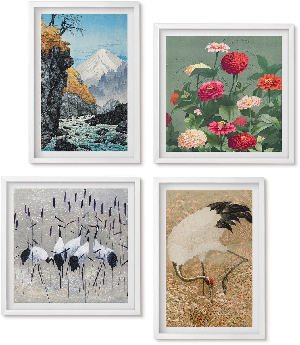 Wallfluent 4-Delige Schilderij Set - Bergen In Het Landschap, Een Rivier, Bloemen En Kraanvogels In Het Gras. - 40 x 40 En 40 x 60 - Wanddecoratie - Muurdecoratie - Woonkamer - Interieur Decoratie