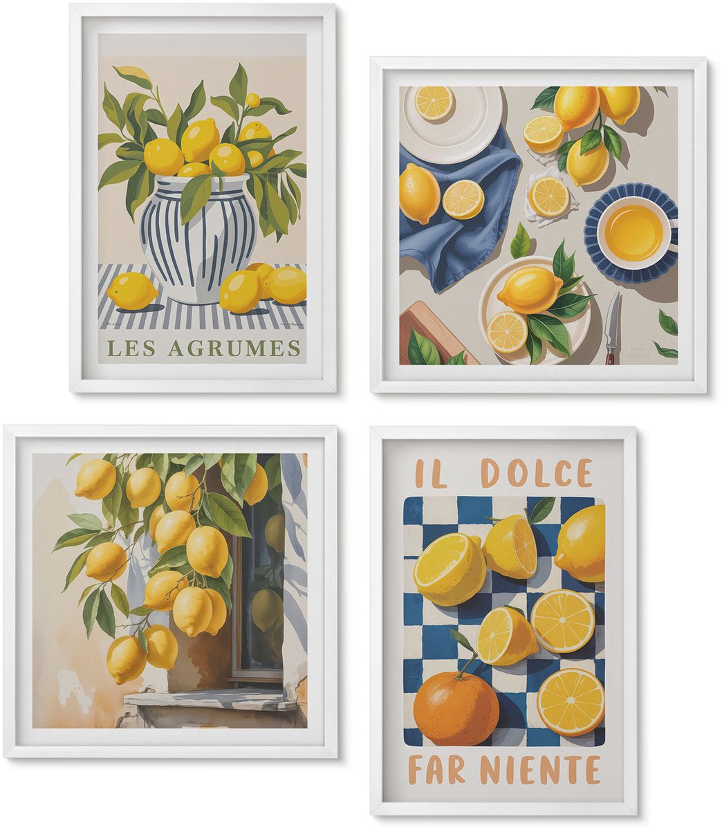 Wallfluent 4-Delige Schilderij Set - Retro Citrusvruchten Met Gele Accenten - 40 x 40 En 40 x 60 - Stijlvolle Muurdecoratie - Slaapkamer