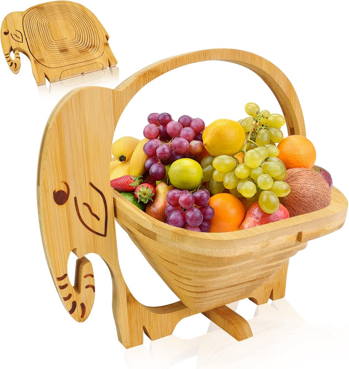 1 Opvouwbare houten mand (2-in-1) - 14×26×30 cm - Olifantenpatroon - Geschikt voor fruit - Kan gebruikt worden als warmte-isolerende mat - Ideaal voor fruit, groenten en gedroogd fruit - Perfect voor de feestdagen en Kerstmis - Houtkleur