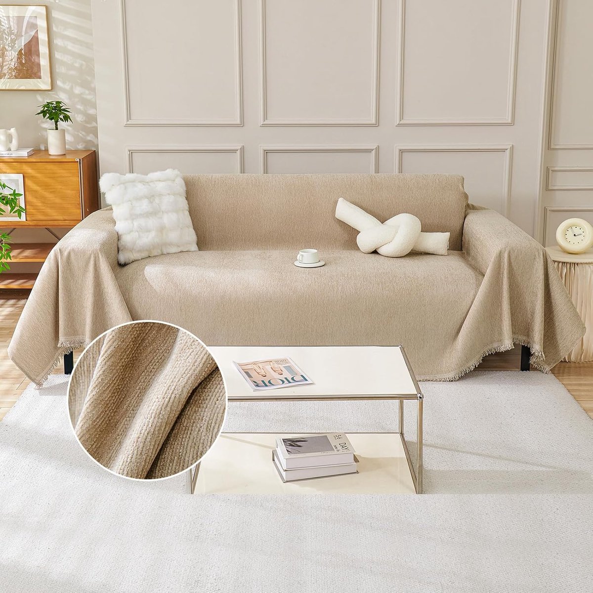 Sofa plaid 180x380cm - khaki chenille - zachte stof - ideaal voor comfort - ShopVlot