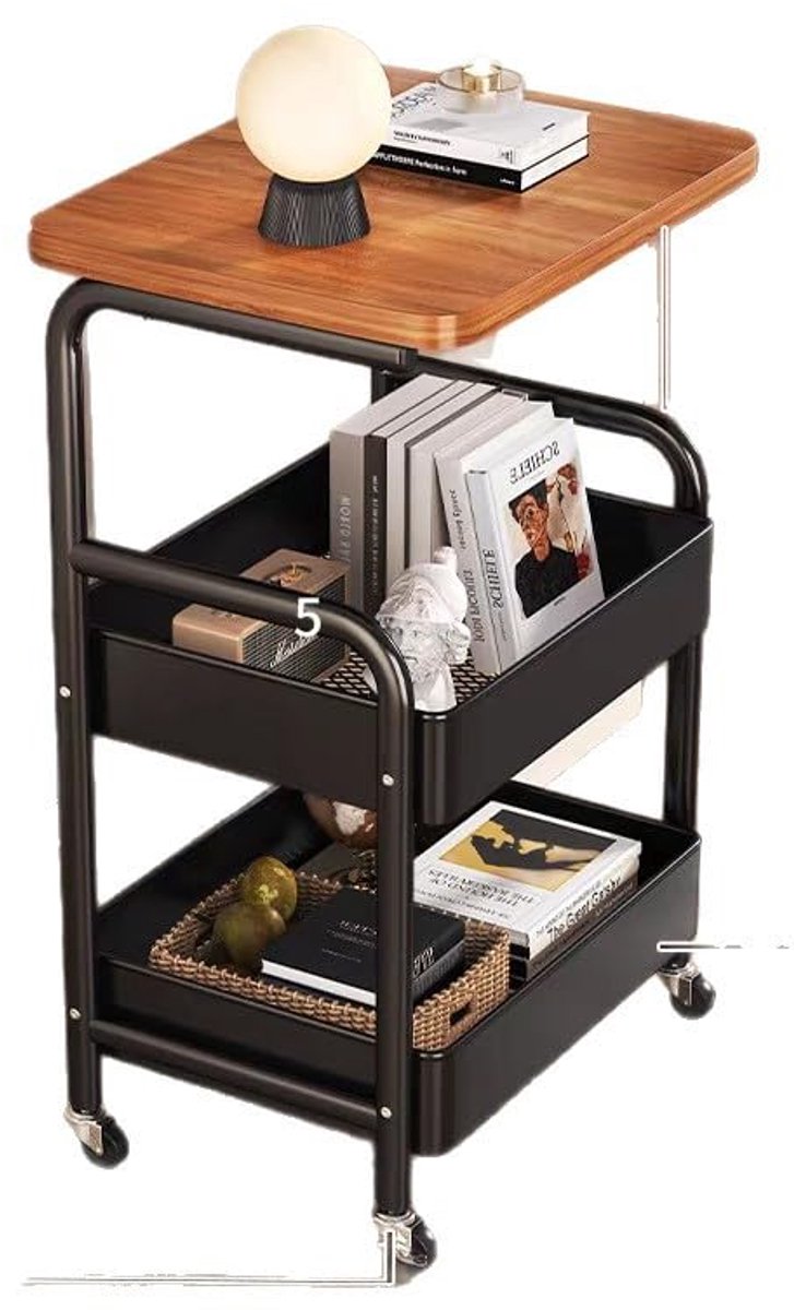 Famanu – Trolley met 3 niveaus op wielen, multifunctionele kar met houten planken en metalen manden, geschikt voor keuken, slaapkamer, badkamer of kantoor, zwart