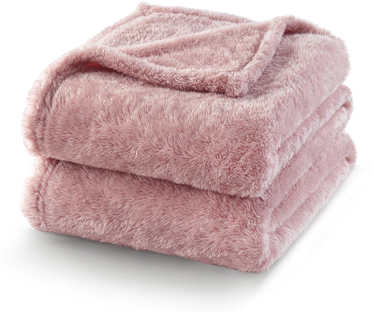 Famanu Pluizige fleecedeken van 127 x 178 cm, superzacht en warm, voor bank en bed, oudroze