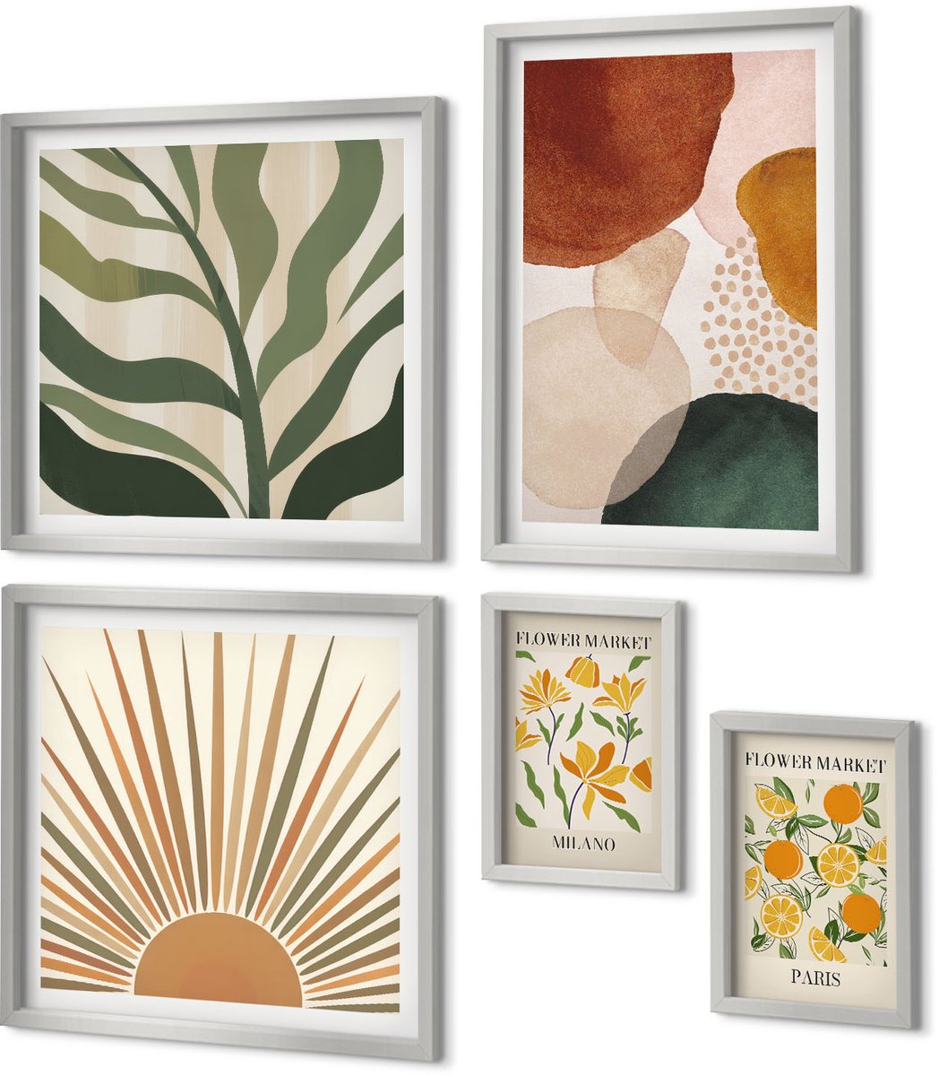 Coloray 5-Delige Schilderij Set - Abstracte Bladeren En Geometrische Vormen - 20 x 30 cm - Moderne Wanddecoratie - Woonkamer - Woonkamer Decoratie