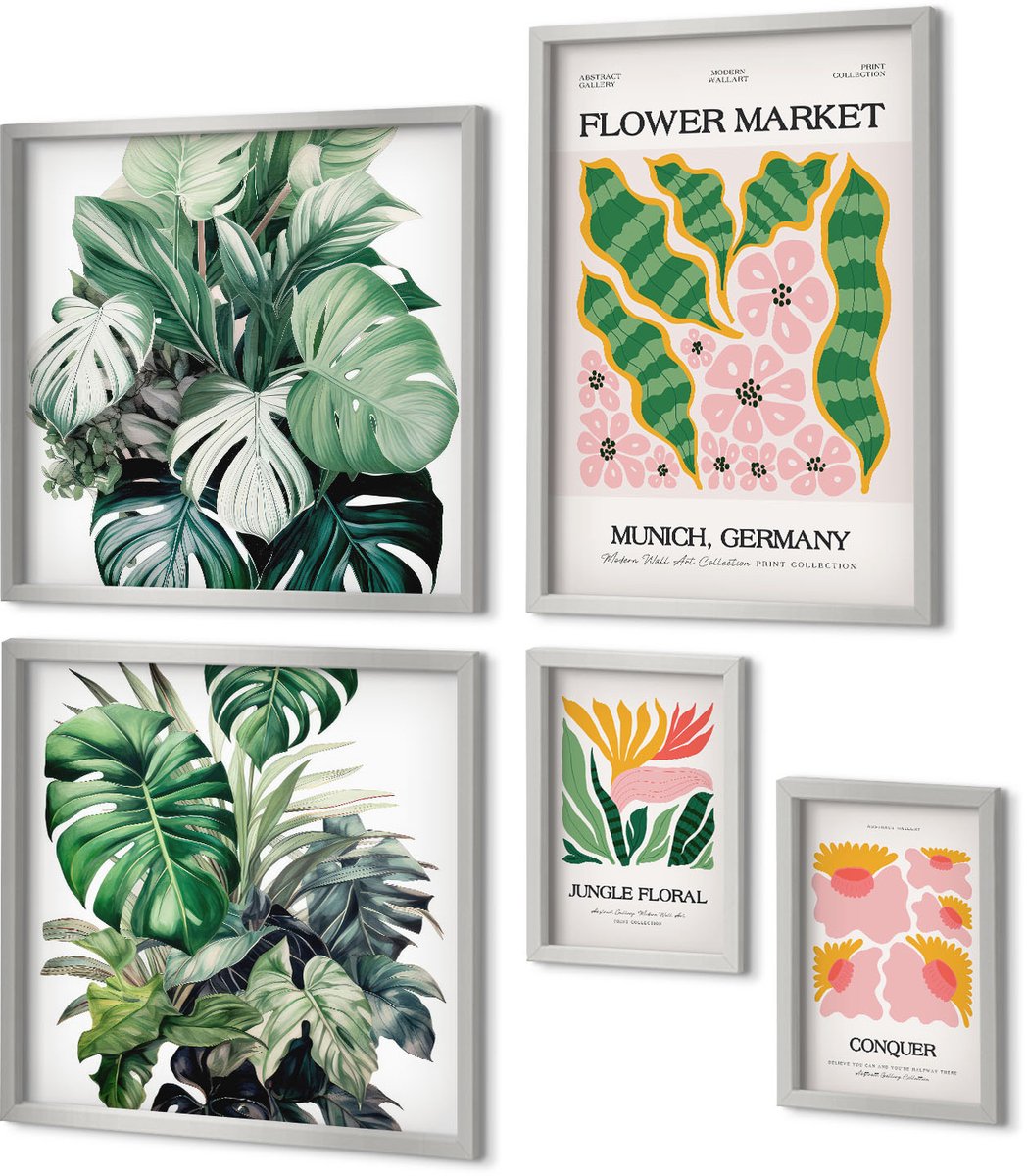 Coloray 5-Delige Schilderij Set - Bloemen En Bladeren In Moderne Stijl Op Posters - 20 x 30 cm - Stijlvolle Muurdecoratie - Kantoor - Woonkamer Decoratie