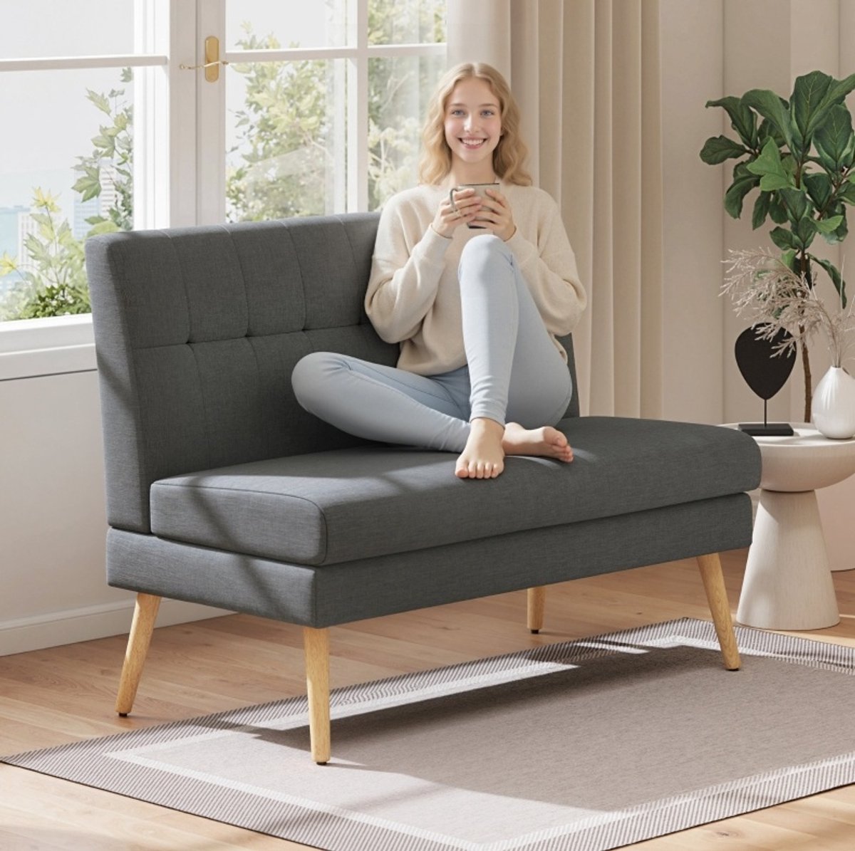 DESMIU Bank - 2-Zitsbank 118 Cm - Gecapitonneerde Rugleuning En Dikke Vulling - Voor Woonkamer, Slaapkamer En Eethoek - Stof - Donkergrijs