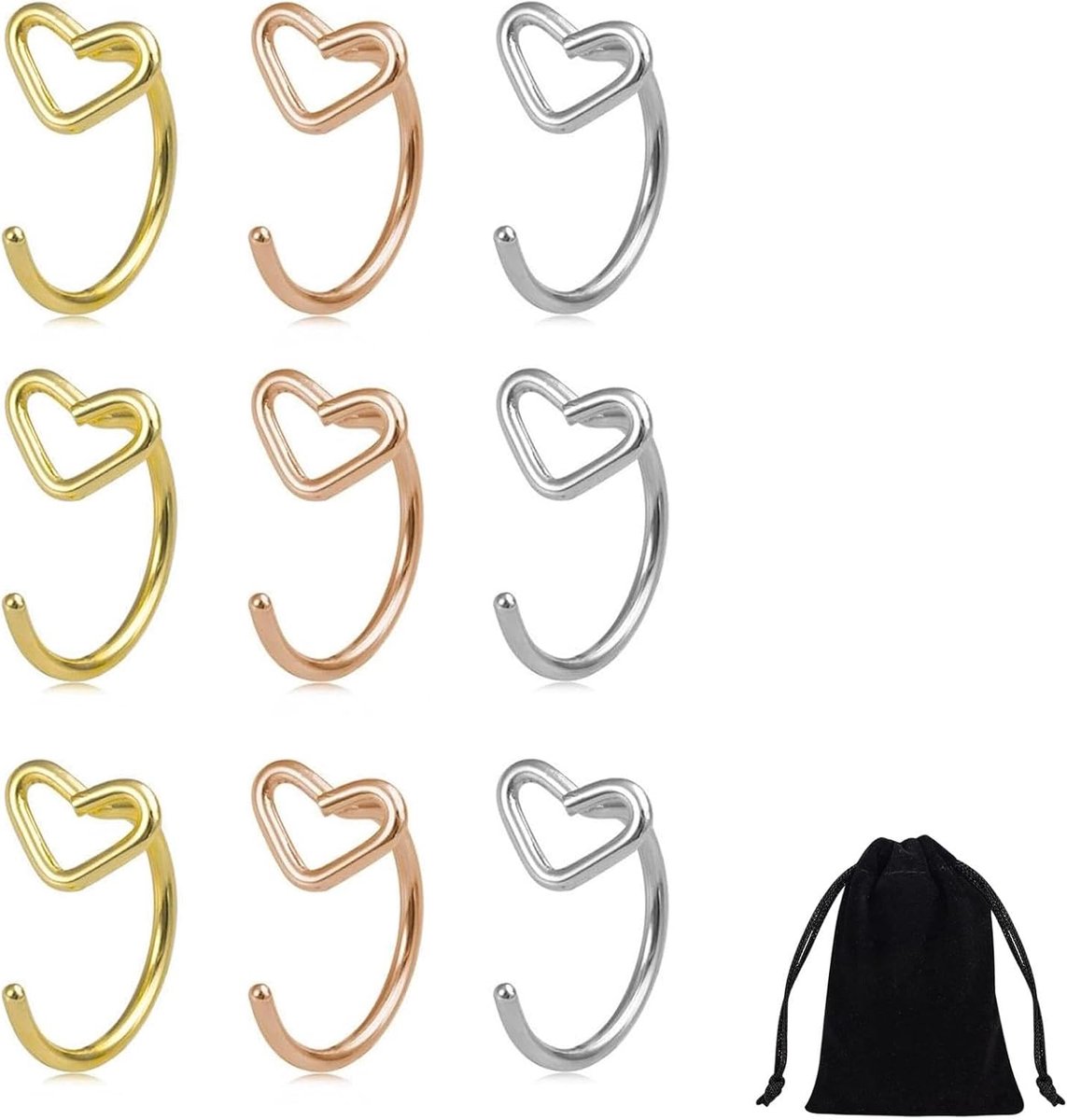 9 stuks neuspiercings van chirurgisch staal, valse neusring, voor dames en heren, lichaamssieradenset in 3 kleuren - ShopVlot