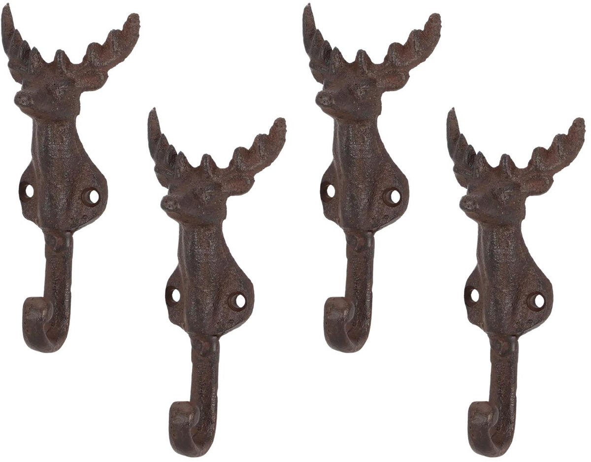 Esschert Design Muurhaak Hert - 4x - gietijzer - wandhaak - hertenkop - 13,7 cm