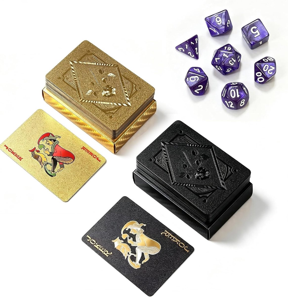 Pokerkaarten Set - Goud/Zwart - 8,70 x 5,70 x 2 cm - Waterdicht Kunststof met Dobbelstenen - Voor Volwassenen