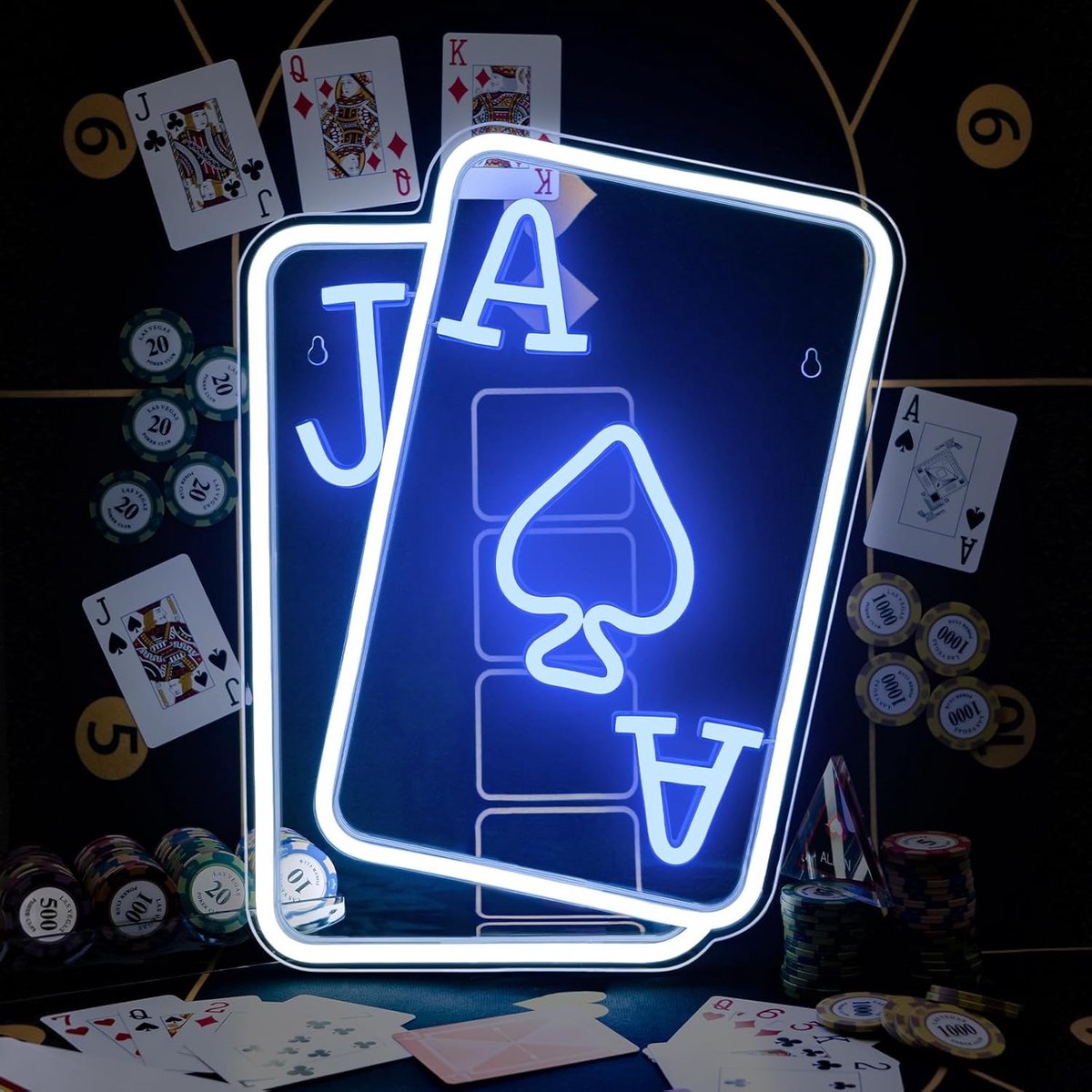 Lichtreclame Neon Speelkaarten - Blauw - 31 x 40 cm - USB-aangedreven Decoratie voor Kamer, Slaapkamer, Bar, Winkel